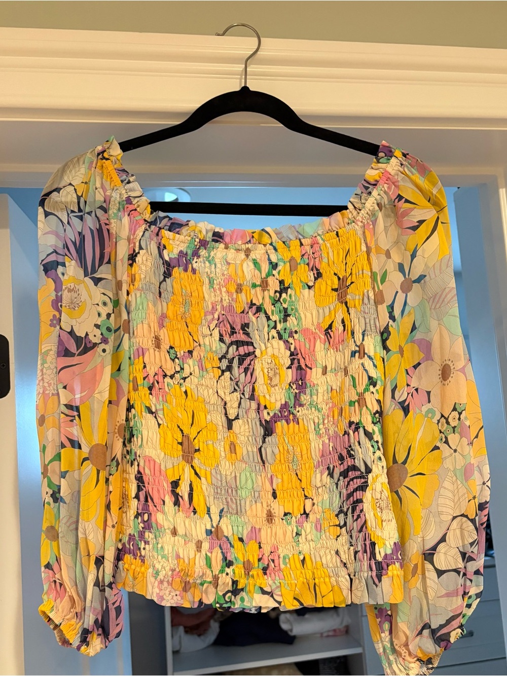 Malibu Smocked Floral Top in Yellow, Purple & Cream